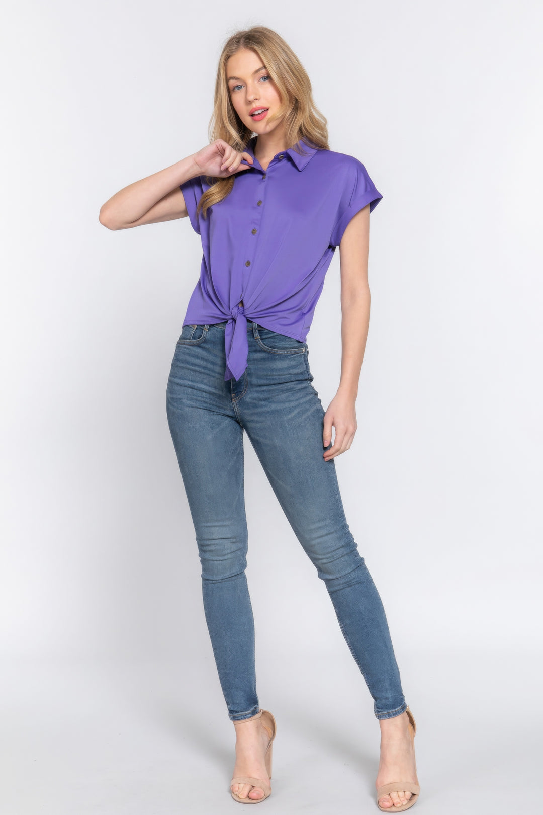 Purple Front Tie Stretch Top