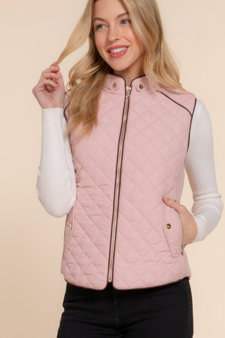 Pink Suede Piping Quilted Padding Vest