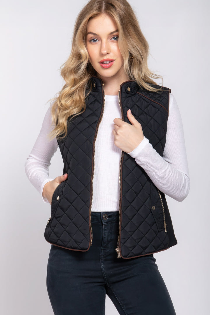 Black Suede Piping Quilted Padding Vest