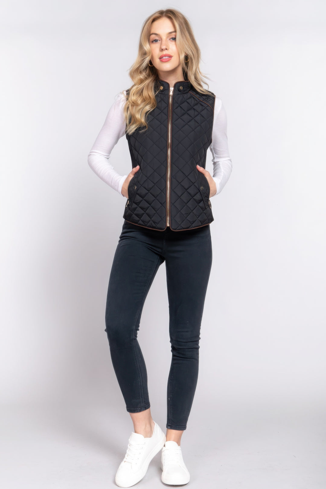 Black Suede Piping Quilted Padding Vest