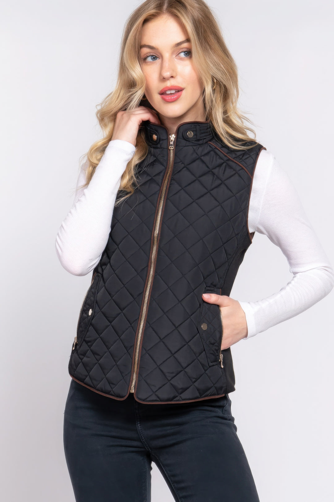 Black Suede Piping Quilted Padding Vest