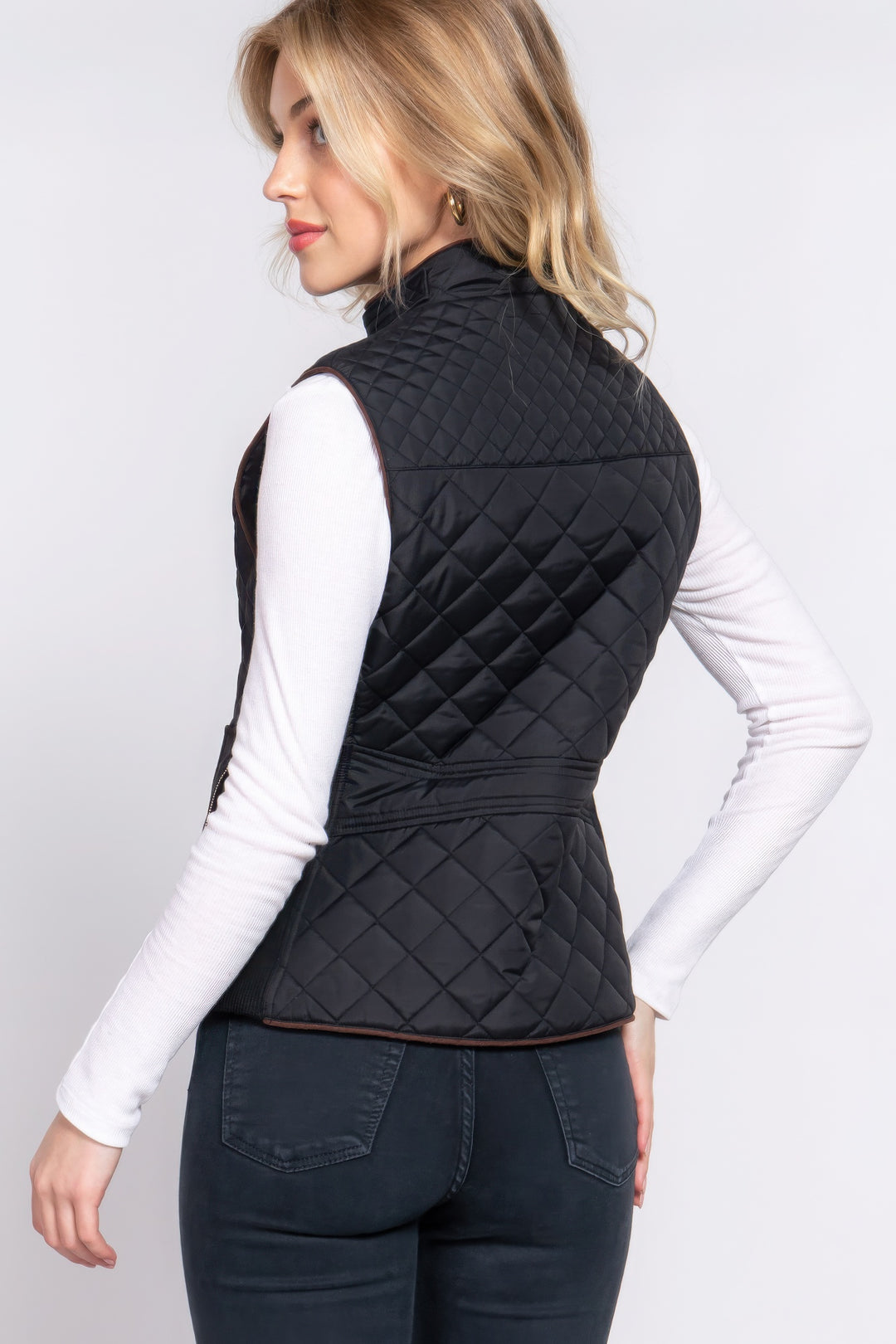 Black Suede Piping Quilted Padding Vest