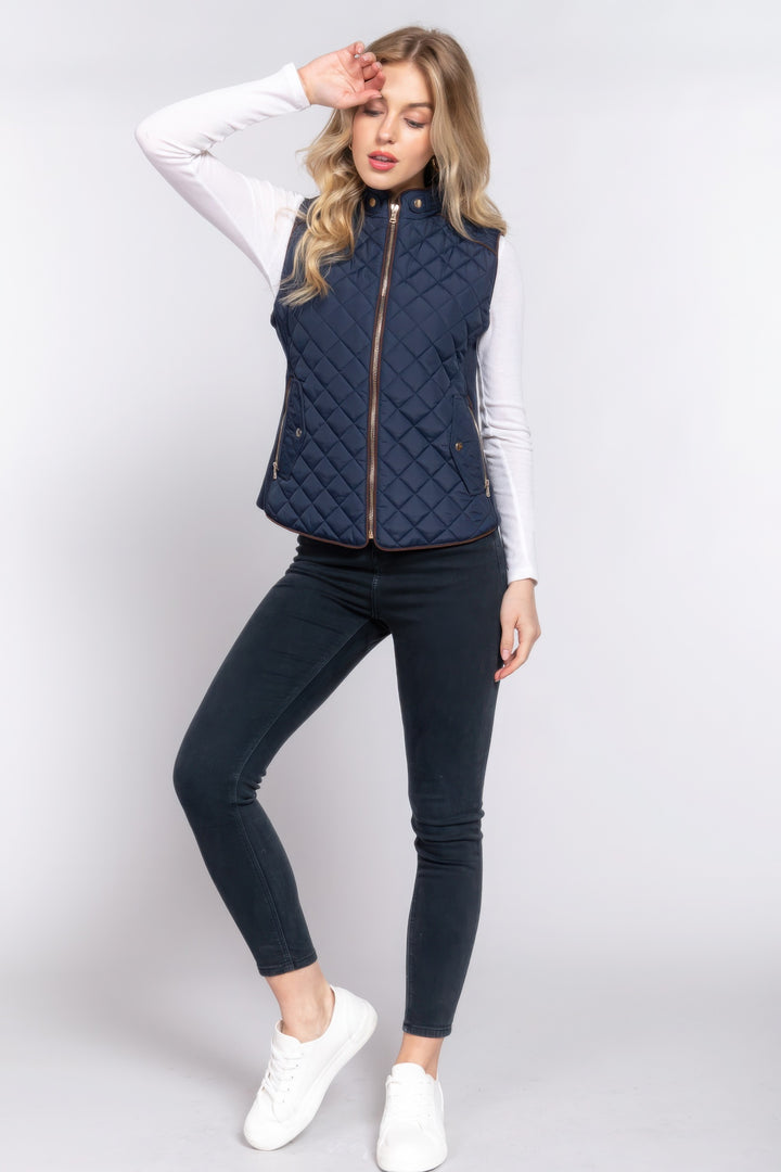 Navy Suede Piping Quilted Padding Vest