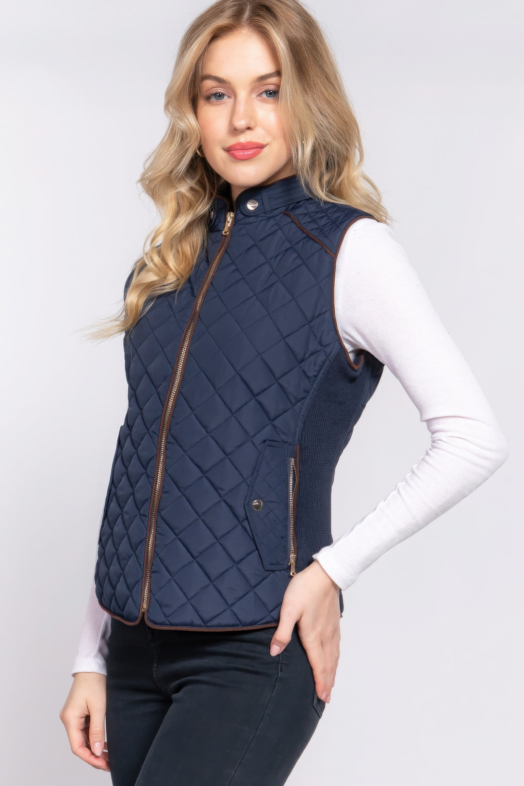 Navy Suede Piping Quilted Padding Vest