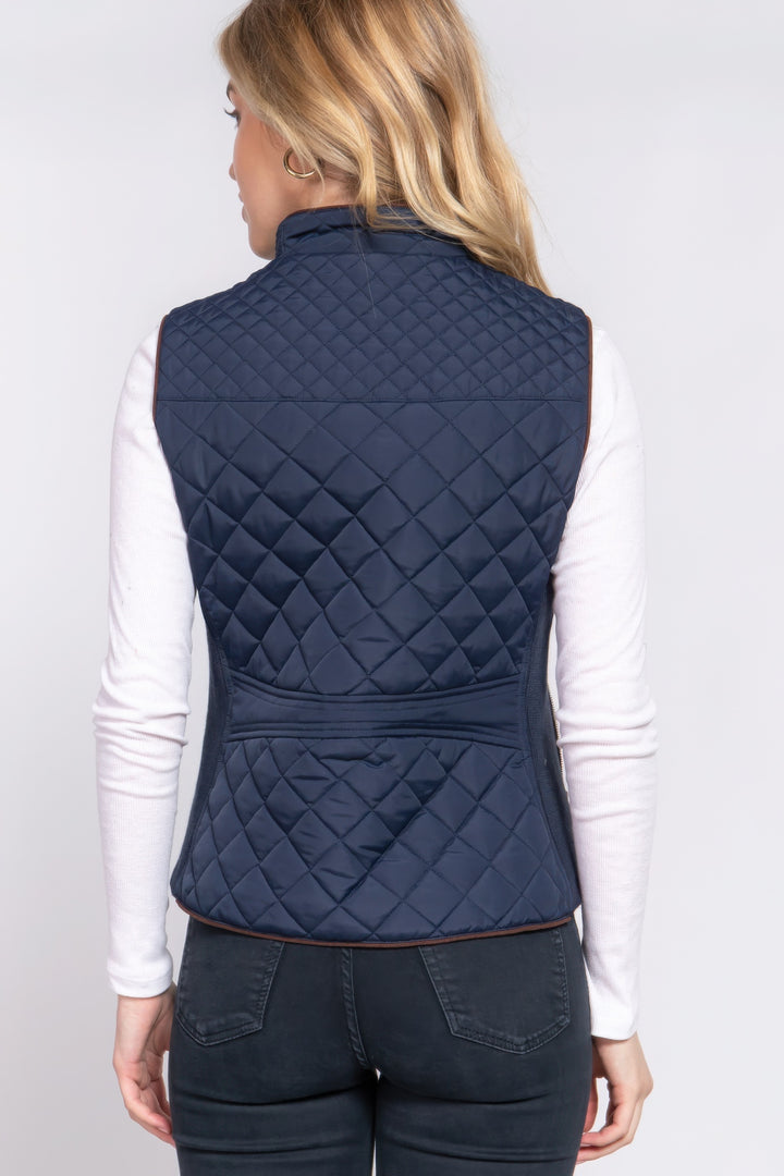 Navy Suede Piping Quilted Padding Vest