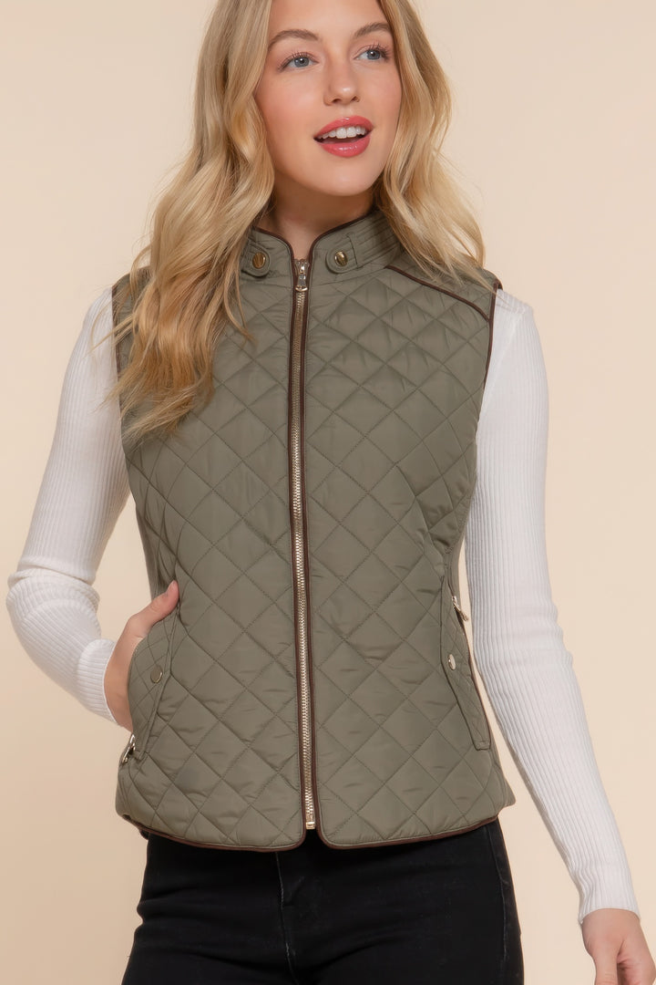 Olive Suede Piping Quilted Padding Vest