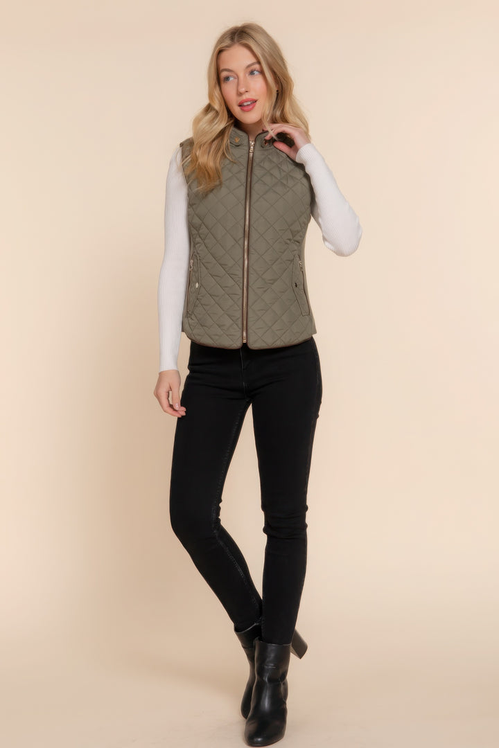 Olive Suede Piping Quilted Padding Vest