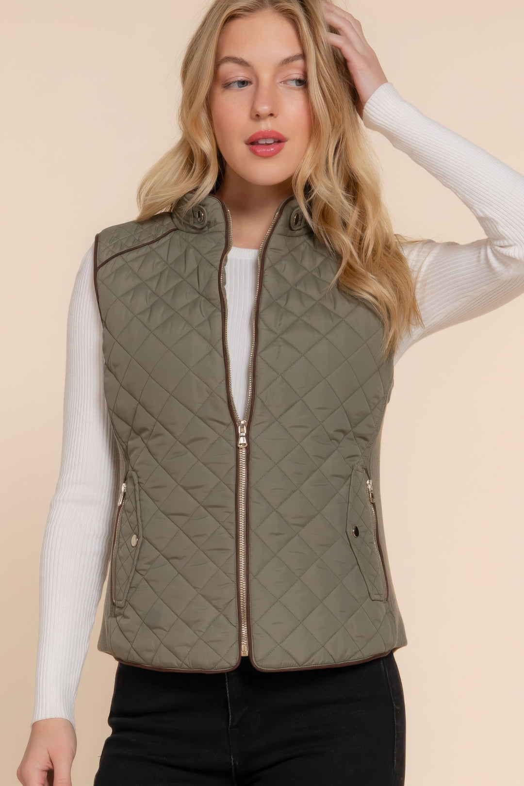 Olive Suede Piping Quilted Padding Vest