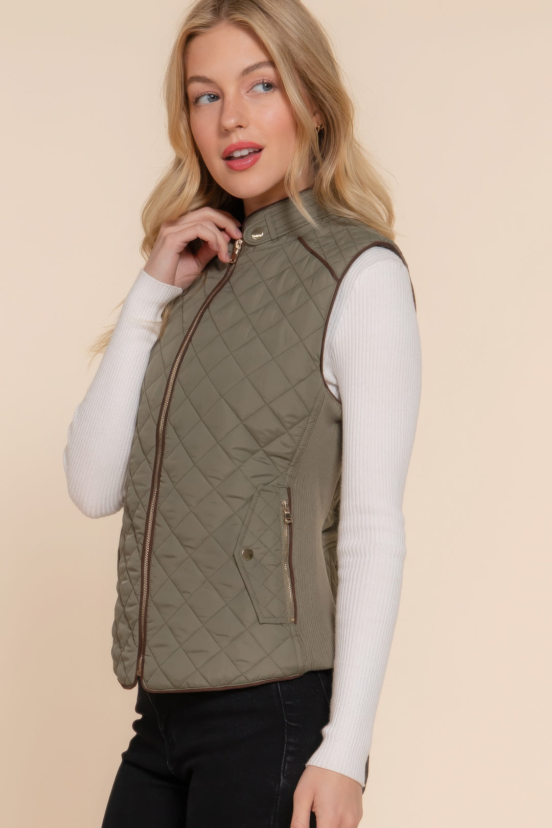 Olive Suede Piping Quilted Padding Vest