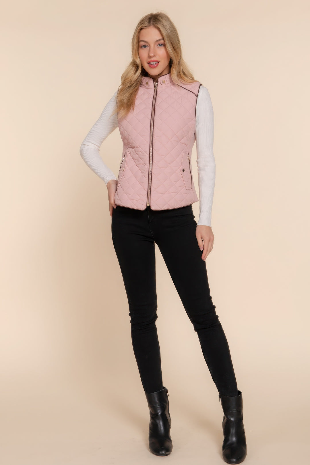 Pink Suede Piping Quilted Padding Vest