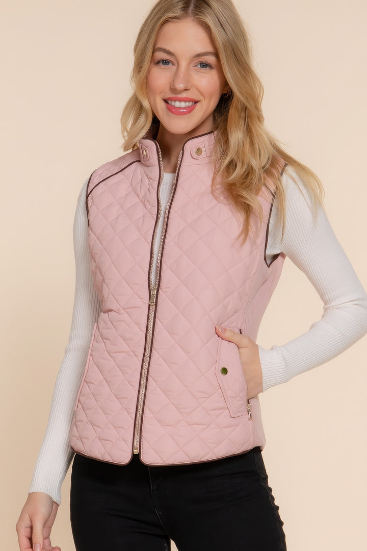 Pink Suede Piping Quilted Padding Vest