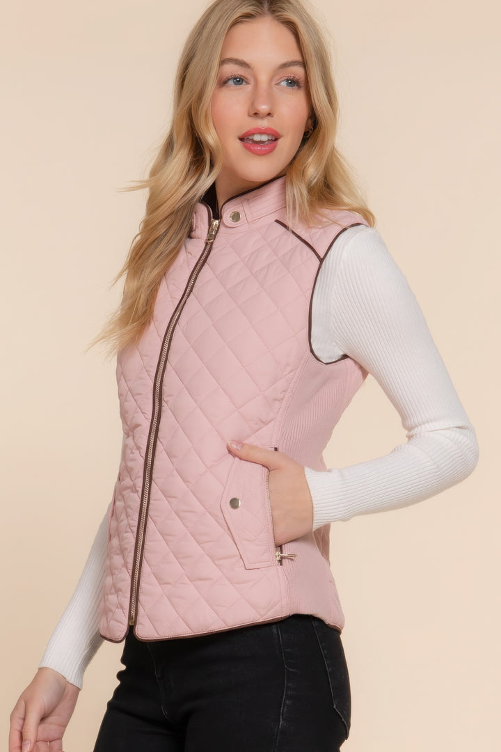 Pink Suede Piping Quilted Padding Vest