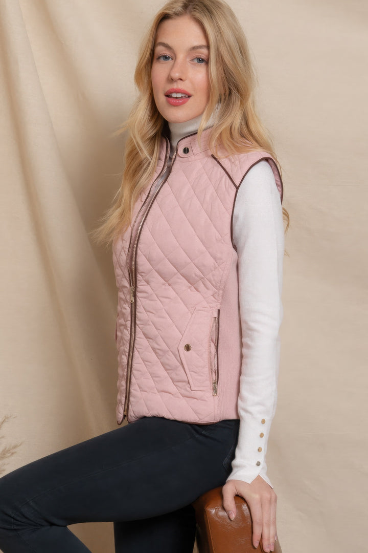 Pink Suede Piping Quilted Padding Vest