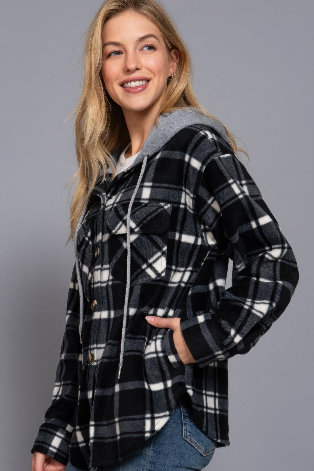 Plaid Print Hoodie Fleece Jacket