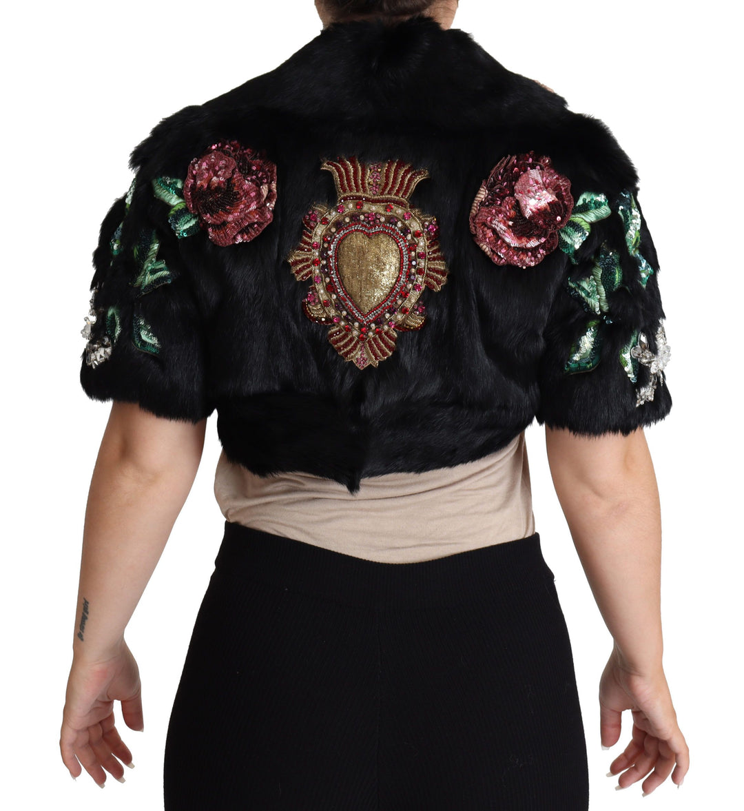 Dolce & Gabbana Elegant Black Rabbit Fur Crystal Jacket