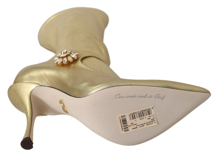 Dolce & Gabbana Elegant Gold Ankle Boots Socks with Rhinestones
