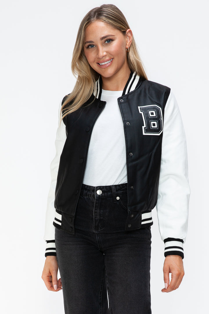 Love Me Now PU Leather Contrast Snap Down Bomber Jacket