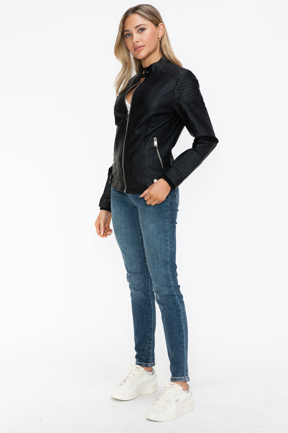 Salvia Ettore Faux Leather Biker Jacket with Side Zip Pockets