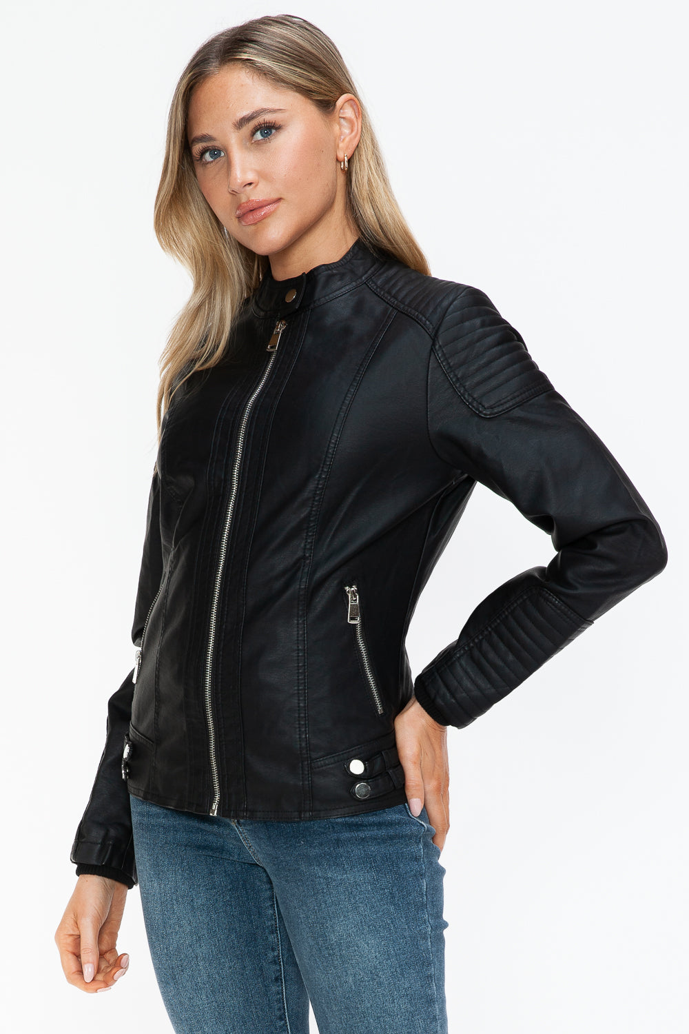 Salvia Ettore Faux Leather Biker Jacket with Side Zip Pockets