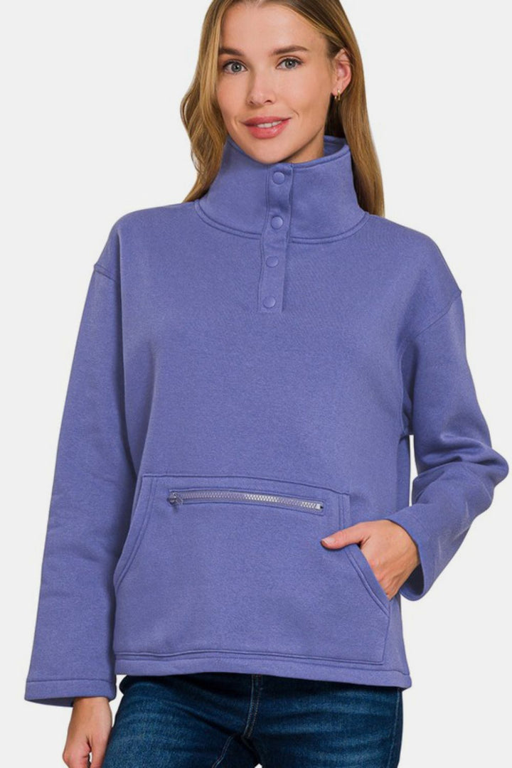 Zenana Turtleneck Half Snap Fleece Sweatshirt