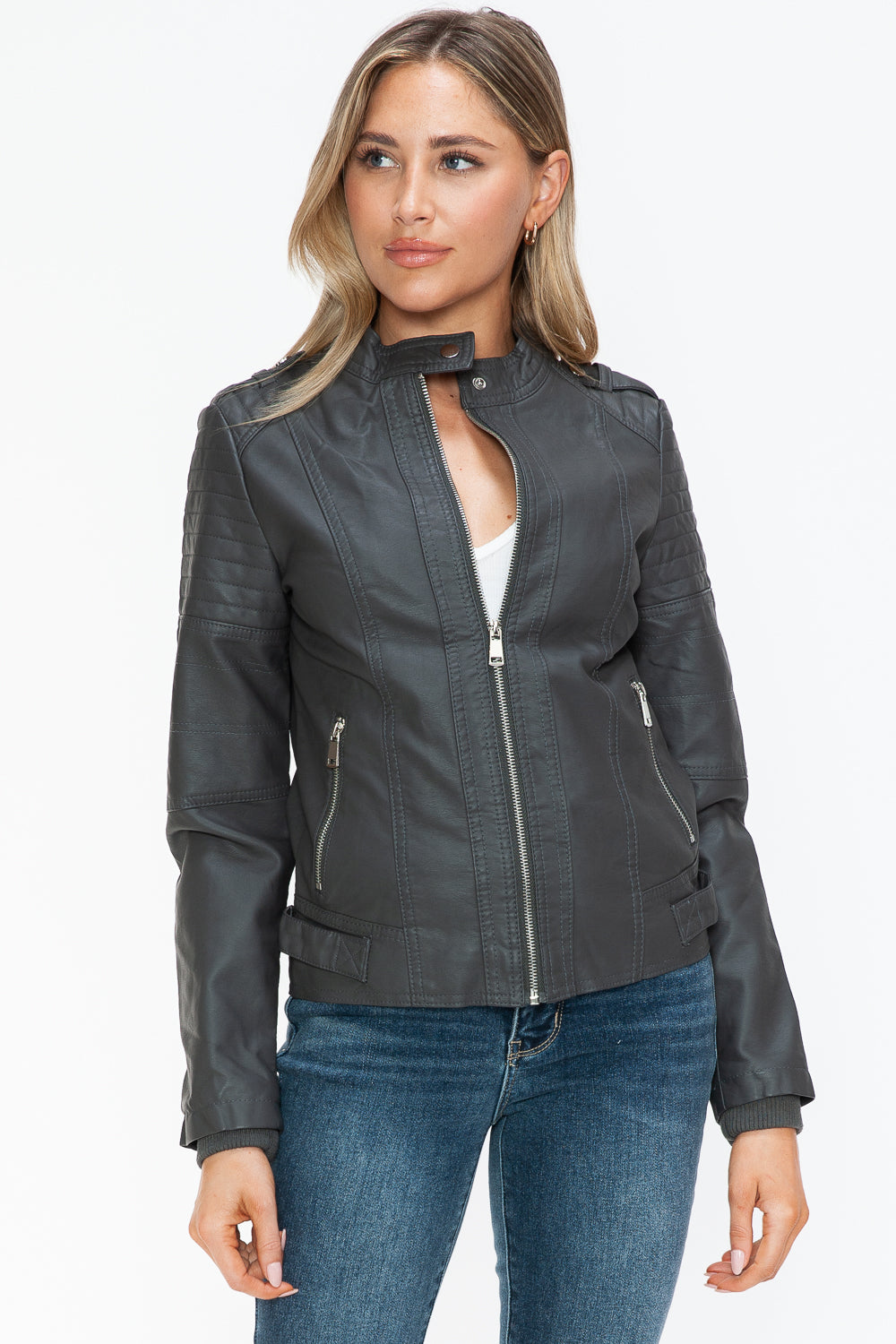 Salvia Ettore PU Leather Biker Jacket with Side Zip Pockets