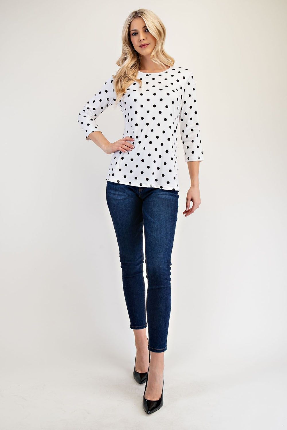 Celeste Full Size Polka Dot Round Neck Three-Quarter Sleeve T-Shirt