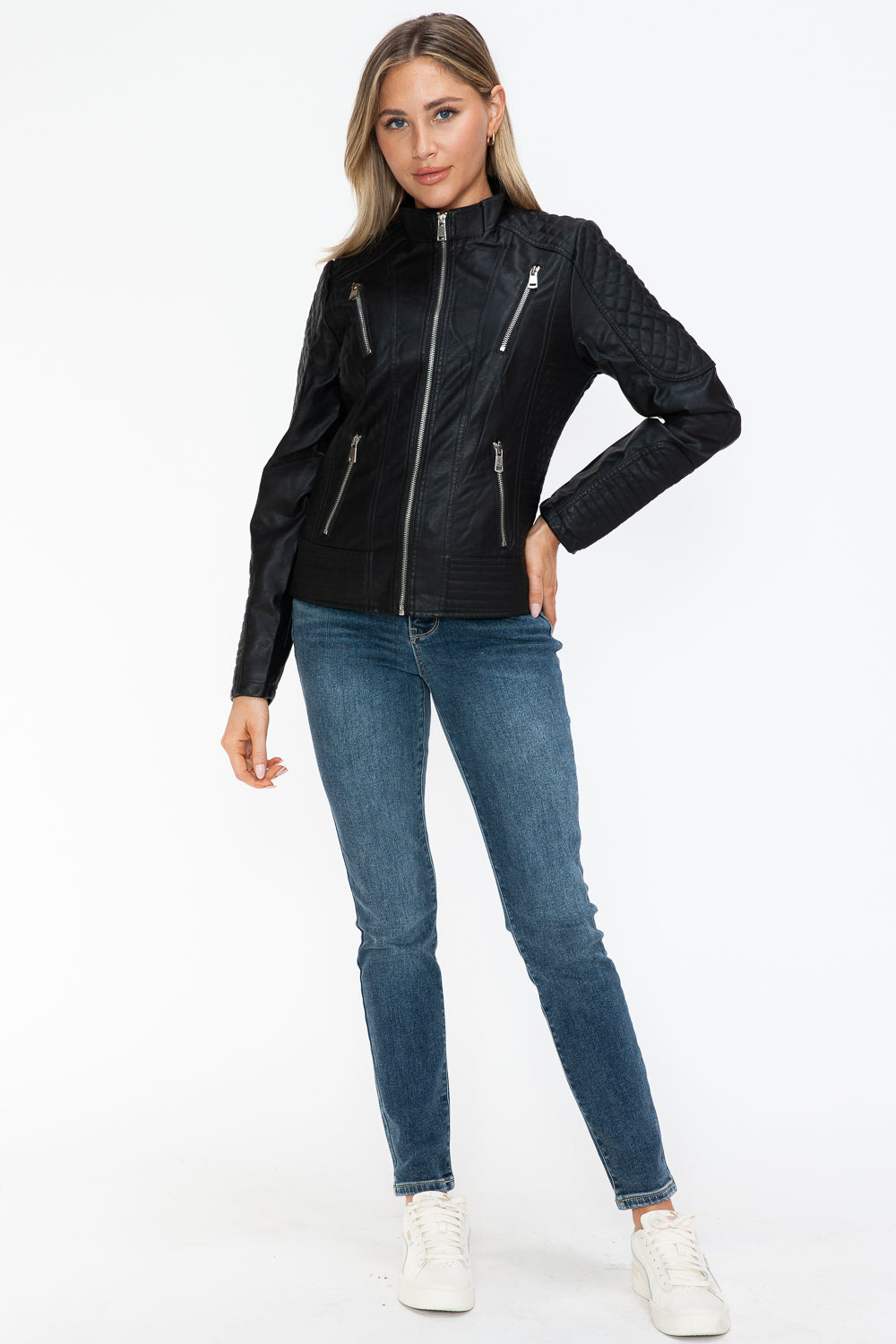 Salvia Ettore Faux Leather Zip Up Mock Neck Jacket