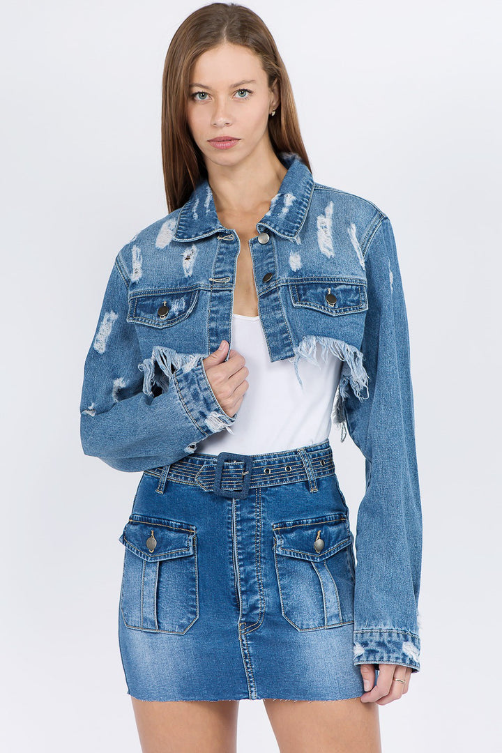 American Bazi – Jeansjacke im Used-Look mit ausgefranstem Saum