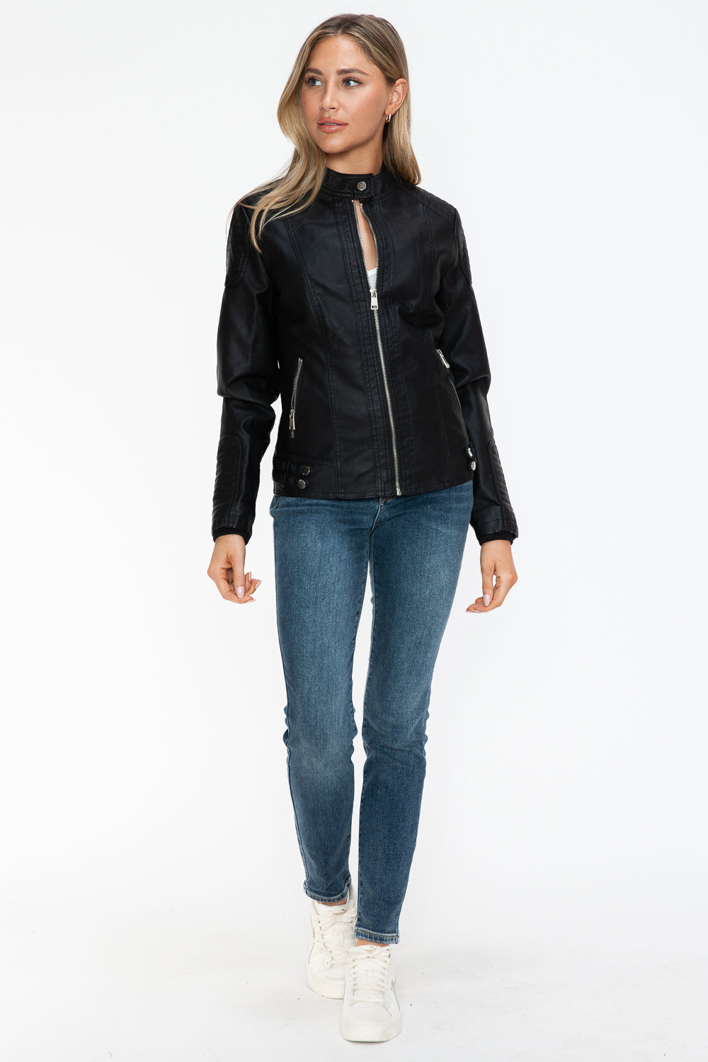 Salvia Ettore Faux Leather Biker Jacket with Side Zip Pockets