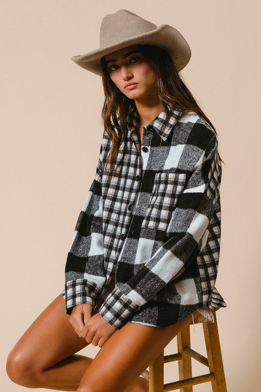 BiBi Plaid Fleece Button Down Long Sleeve Shirt