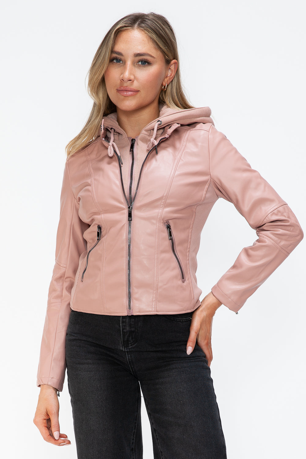 Salvia Ettore Faux Leather Zip Up Drawstring Hooded Jacket