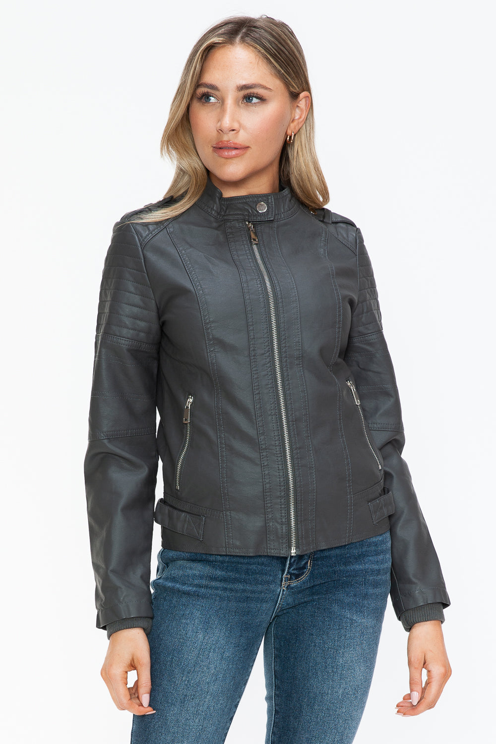 Salvia Ettore PU Leather Biker Jacket with Side Zip Pockets