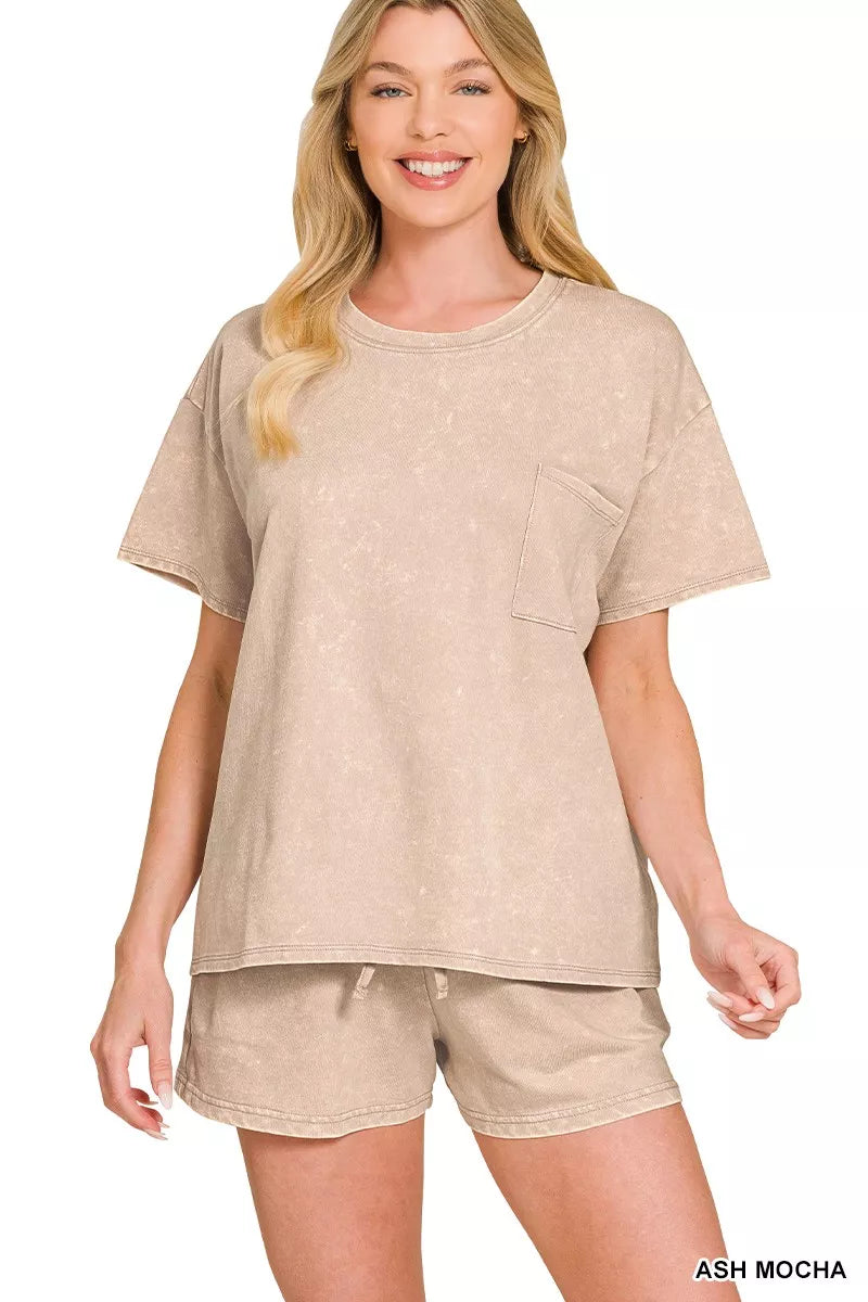 Zenana French Terry Acid Washed Relaxed Top & Short Set – Montret Zenana French Terry Acid Washed Relaxed Top & Short Set – Montret