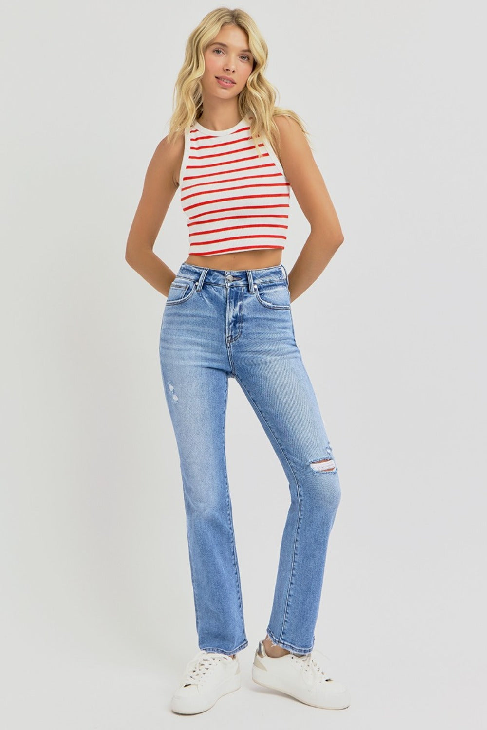 RISEN – High-Waist-Jeans mit geradem Bein in voller Größe im Used-Look