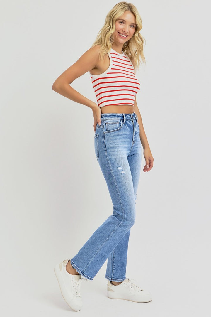 RISEN – High-Waist-Jeans mit geradem Bein in voller Größe im Used-Look