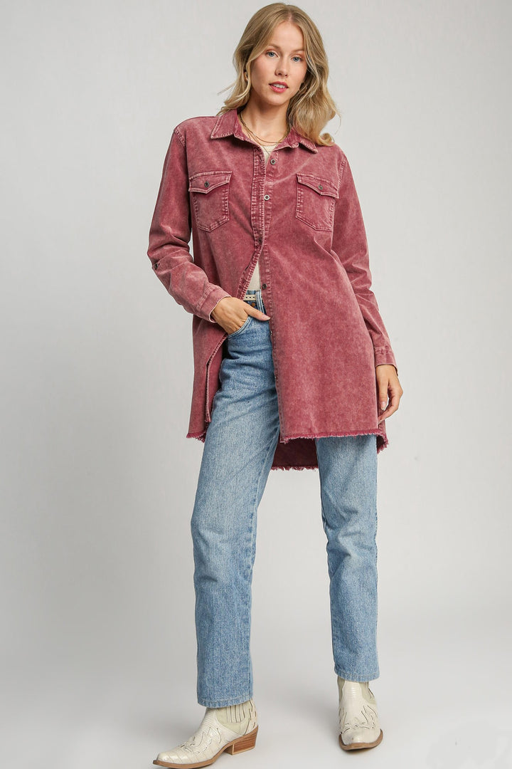 Umgee Raw Hem Button Down Denim Jacket with Chest Pockets