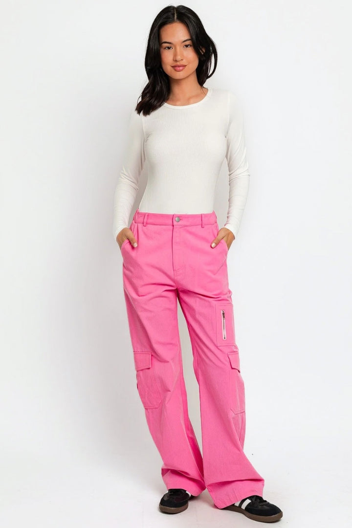 Le Lis High Waisted Wide Leg Cargo Pants with Pockets