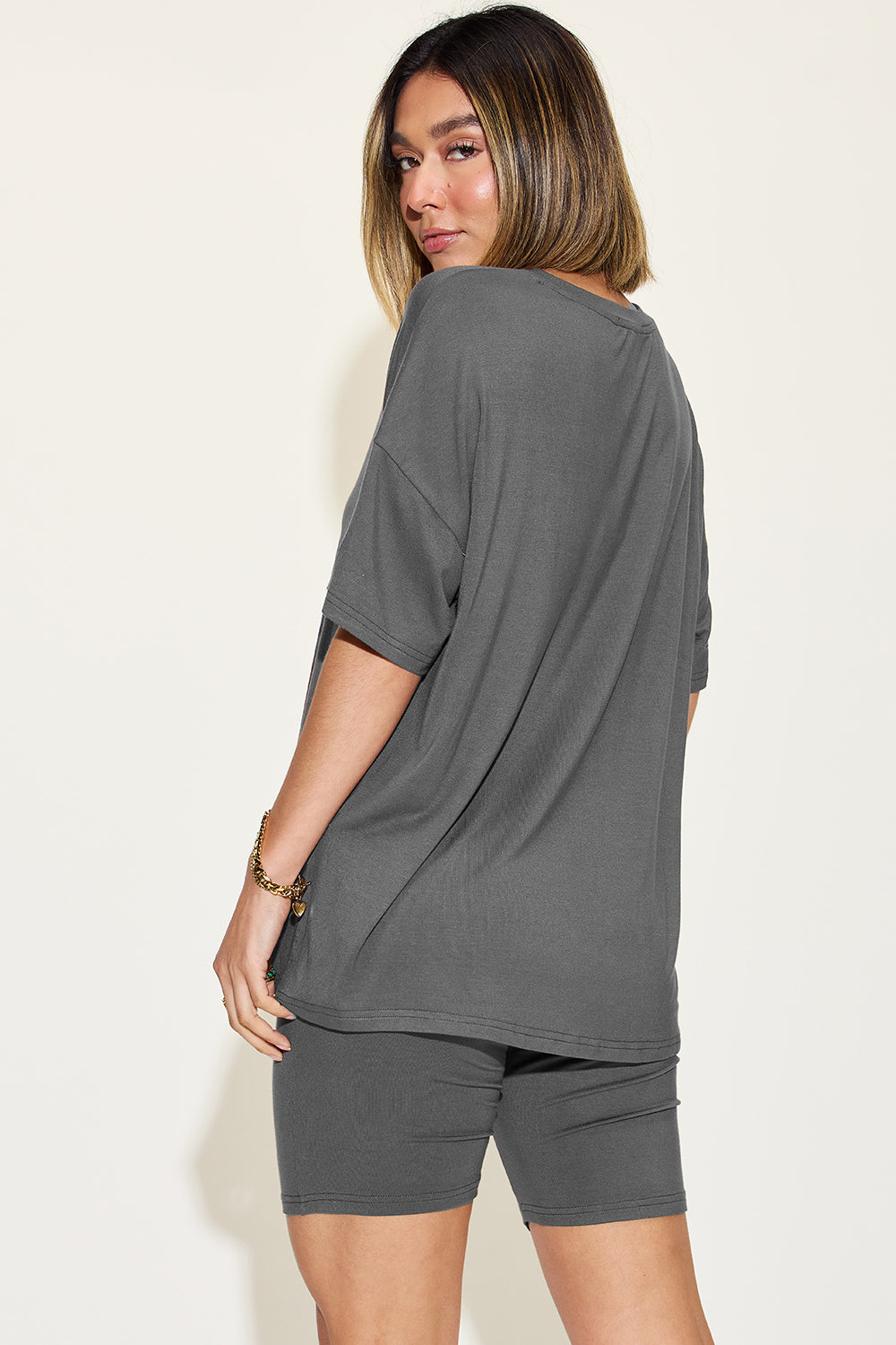 Basic Bae Full Size V-Neck Drop Shoulder T-Shirt and Shorts Set