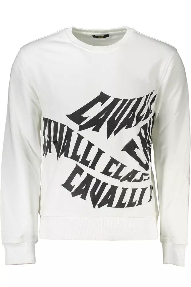 Cavalli Class Elegant White Brushed Sweatshirt with Logo Print