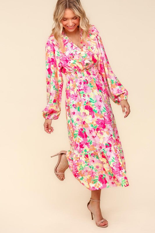 Haptics Full Size Floral Surplice Balloon Sleeve Dress with Side Pockets