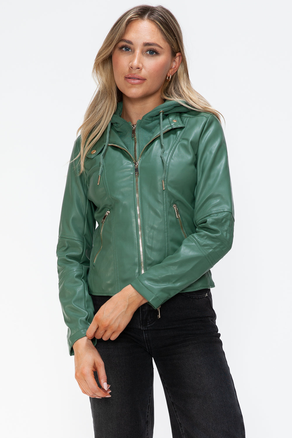 Salvia Ettore Faux Leather Zip Up Drawstring Hooded Jacket