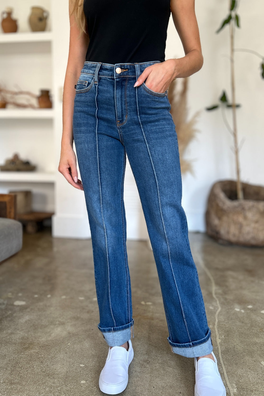 Judy Blue – Gerade Jeans in voller Größe mit hoher Taille und Vordernahtdetail