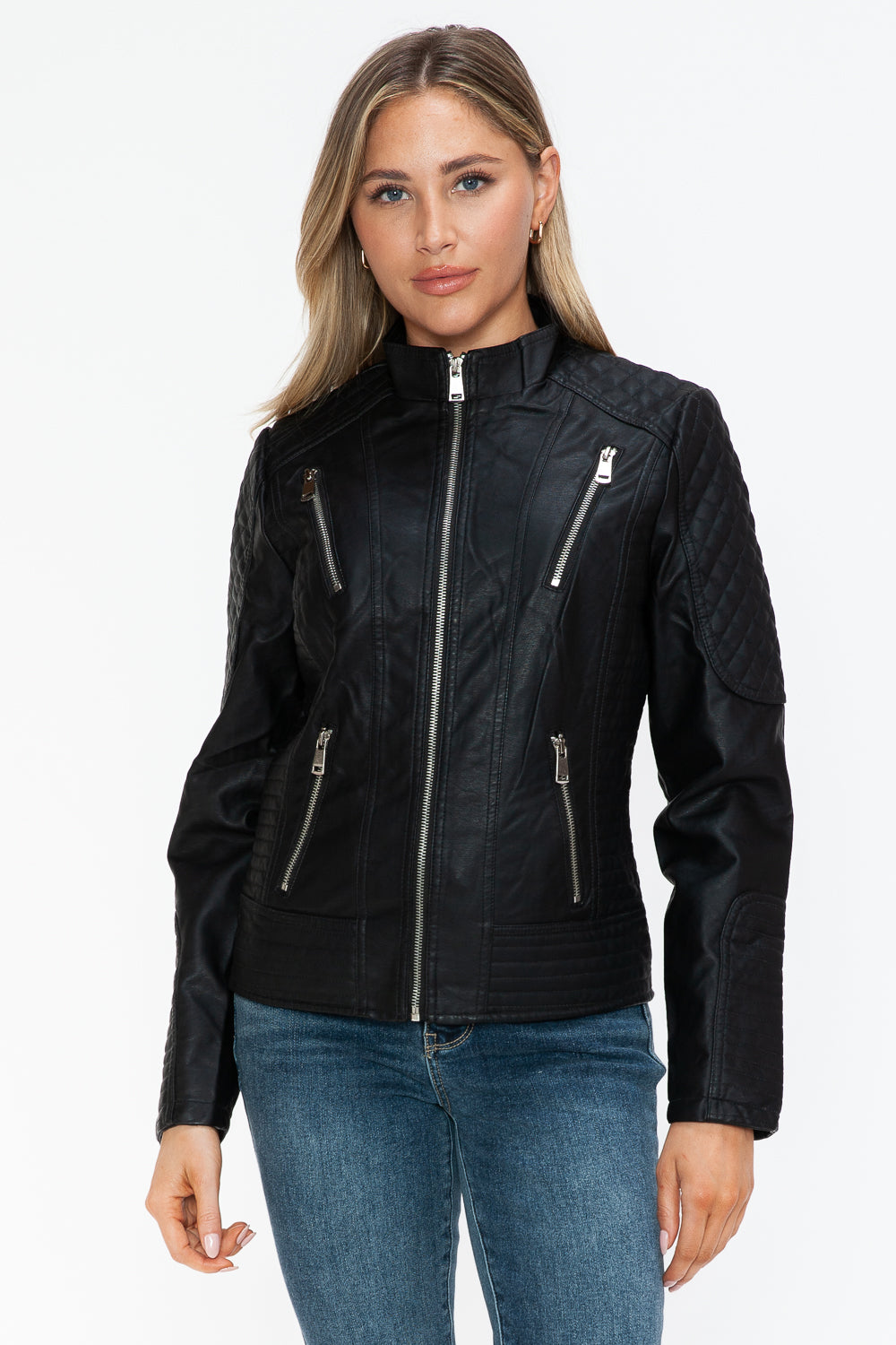 Salvia Ettore Faux Leather Zip Up Mock Neck Jacket