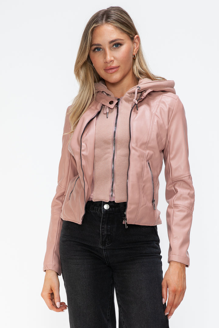 Salvia Ettore Faux Leather Zip Up Drawstring Hooded Jacket