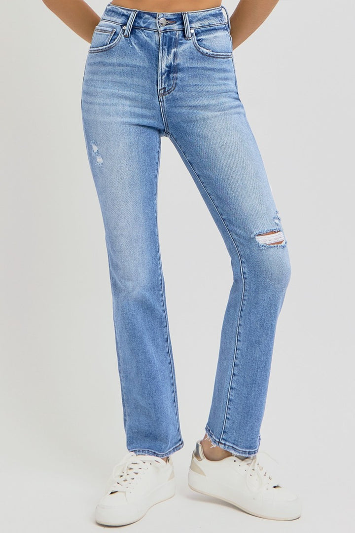 RISEN – High-Waist-Jeans mit geradem Bein in voller Größe im Used-Look