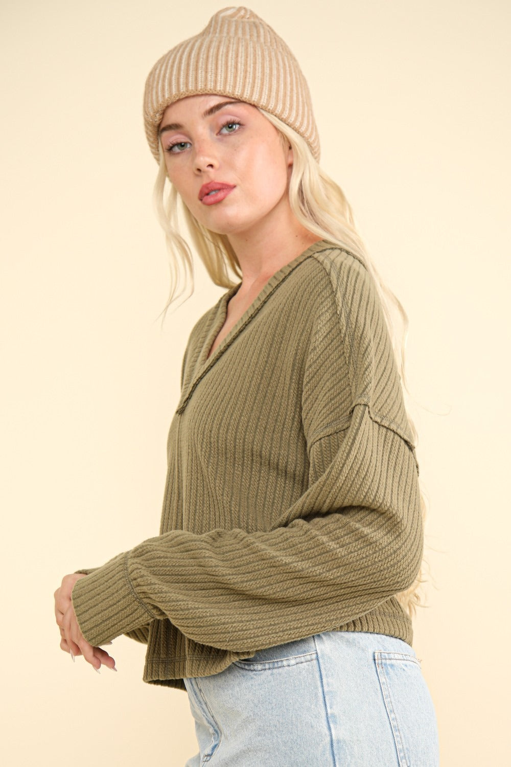 VERY J Exposed Seam V-Neck Ribbed Knit Top