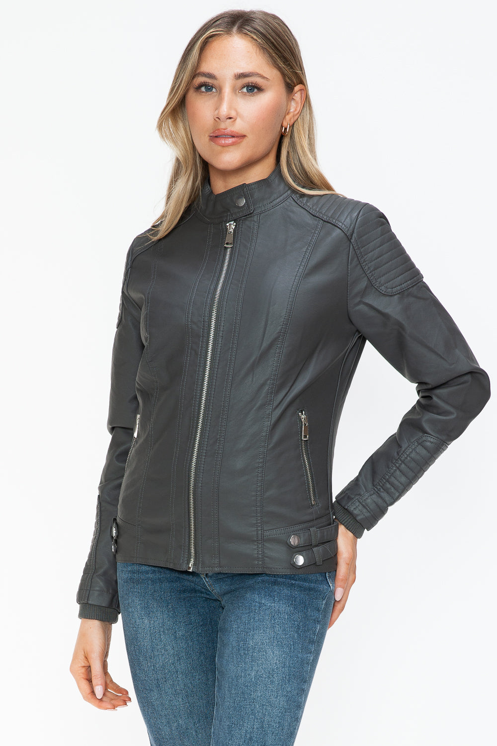 Salvia Ettore Faux Leather Biker Jacket with Side Zip Pockets