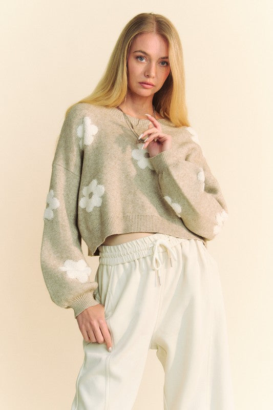 Davi & Dani Floral Drop Shoulder Cropped Sweater