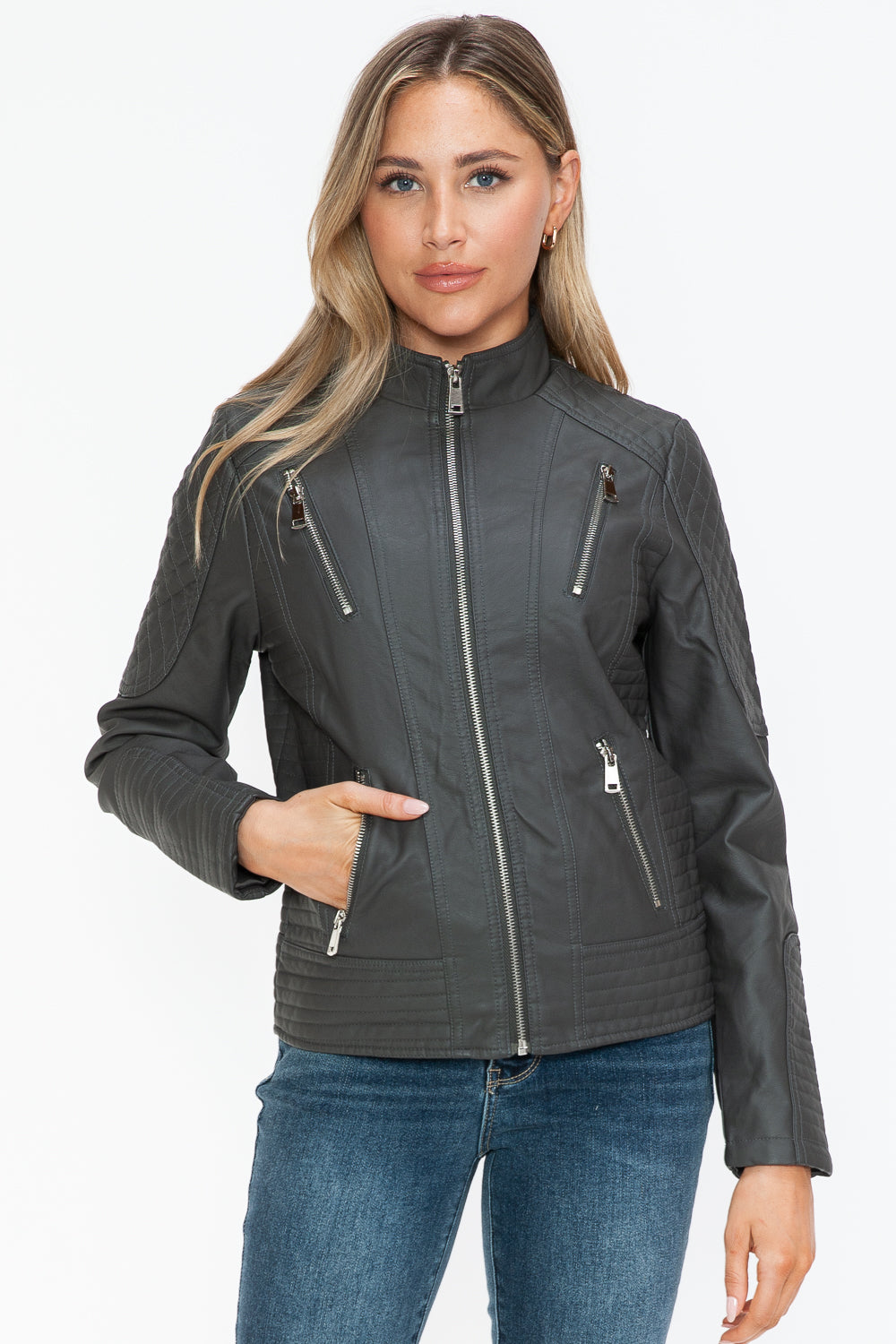 Salvia Ettore Faux Leather Zip Up Mock Neck Jacket