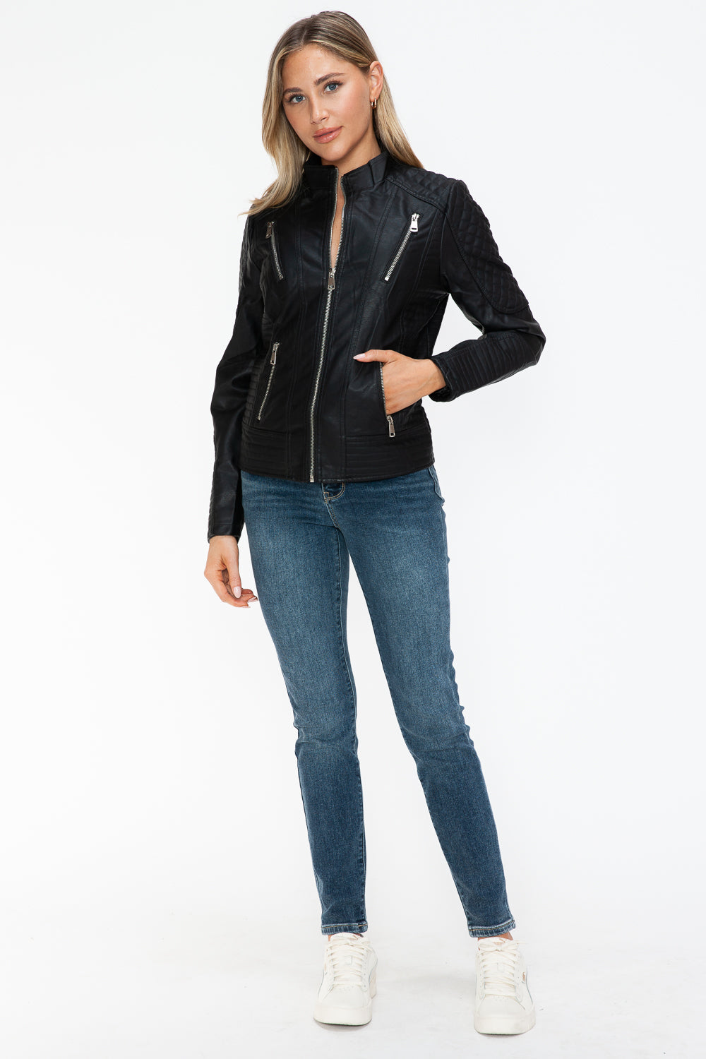 Salvia Ettore Faux Leather Zip Up Mock Neck Jacket